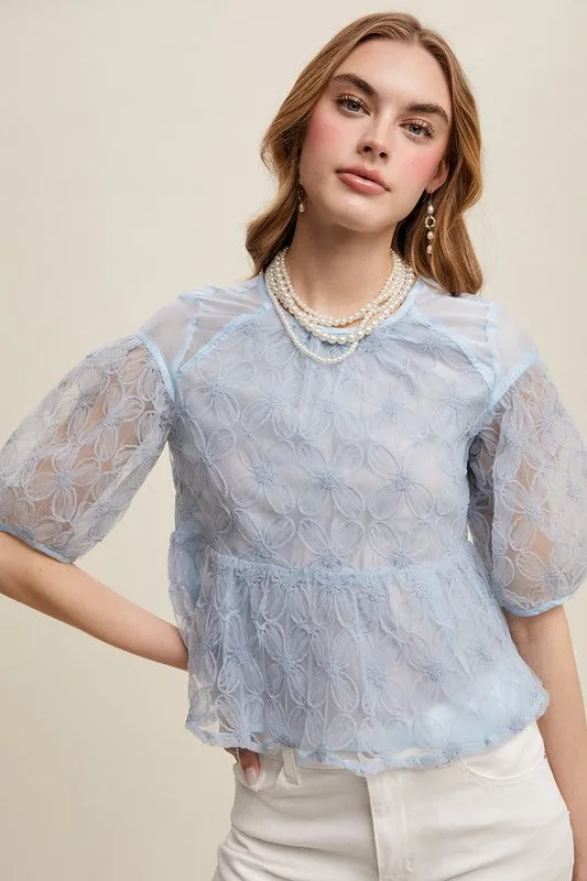 Misty Blue Floral Embroidered Sheer Peplum Blouse
