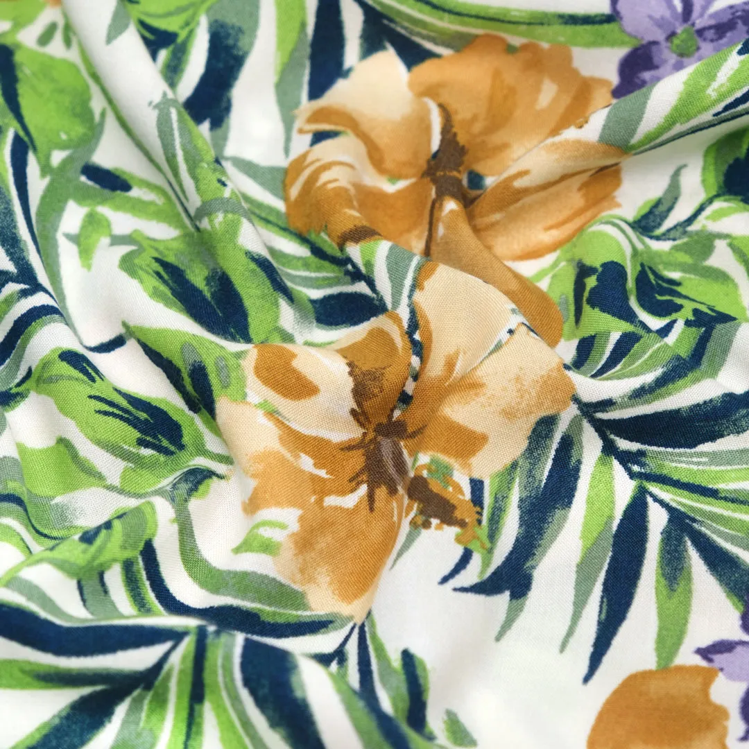 Paradise Palms Rayon Challis - White/Ochre/Grass