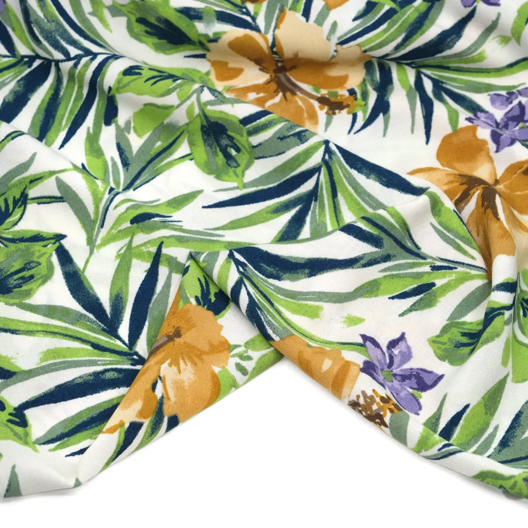 Paradise Palms Rayon Challis - White/Ochre/Grass
