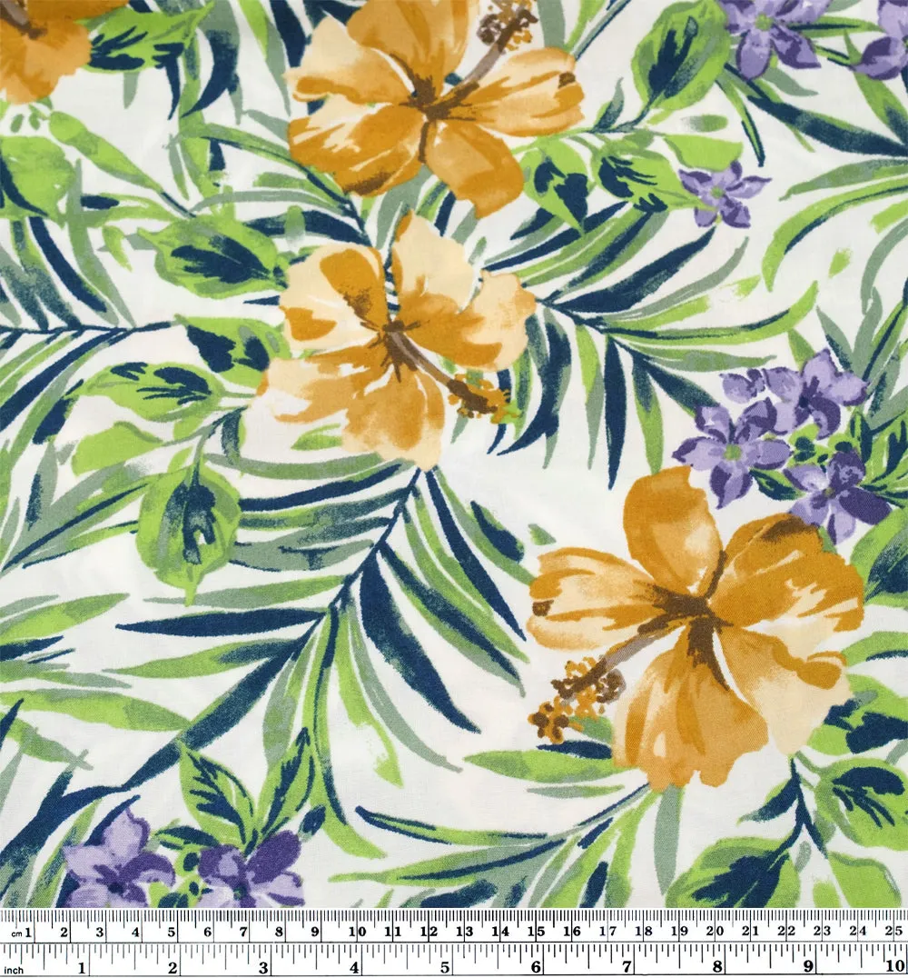 Paradise Palms Rayon Challis - White/Ochre/Grass