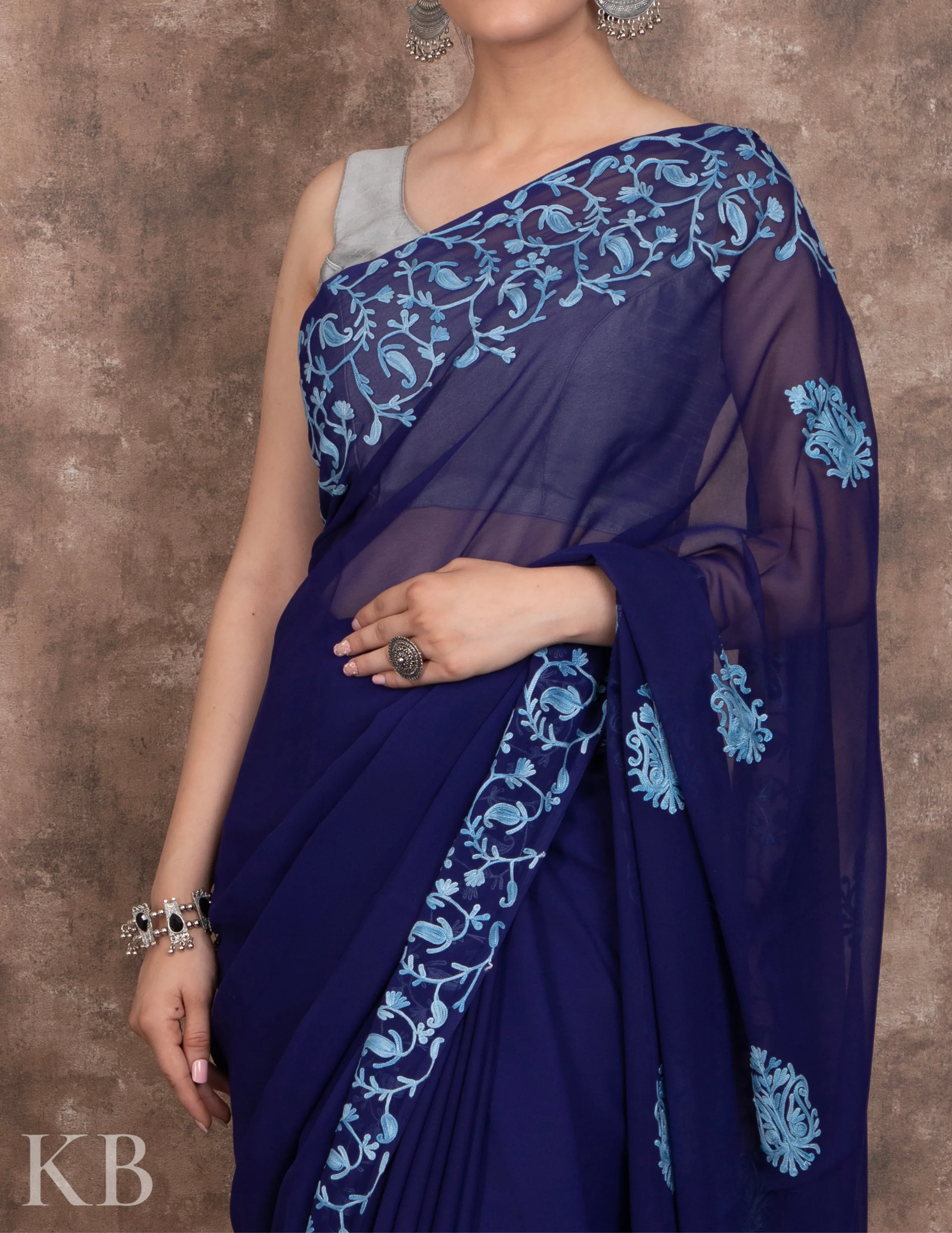Parsi Badam Aari Embroidered Georgette Saree