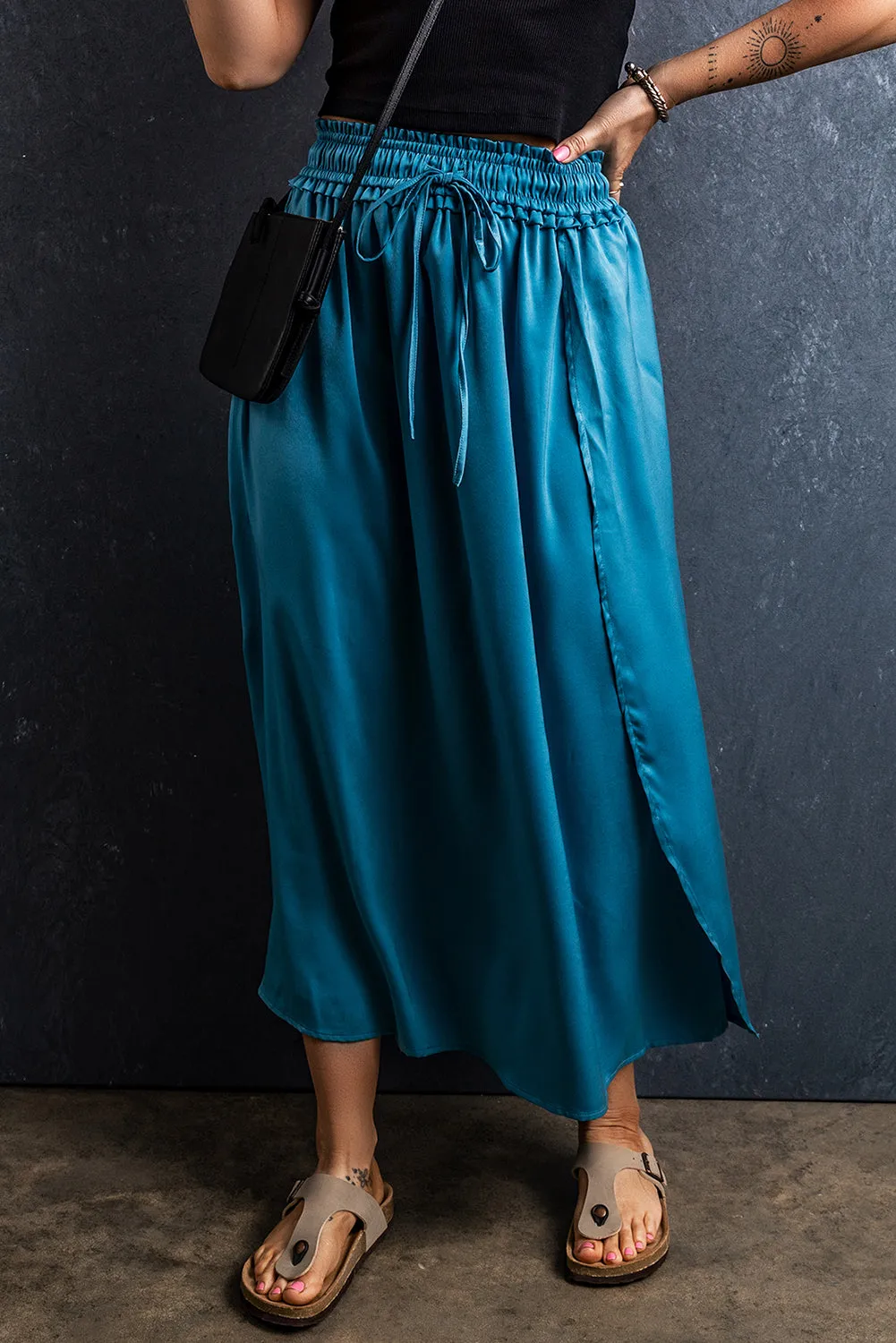 Peacock Blue Drawstring Split Side Flowy Long Skirt