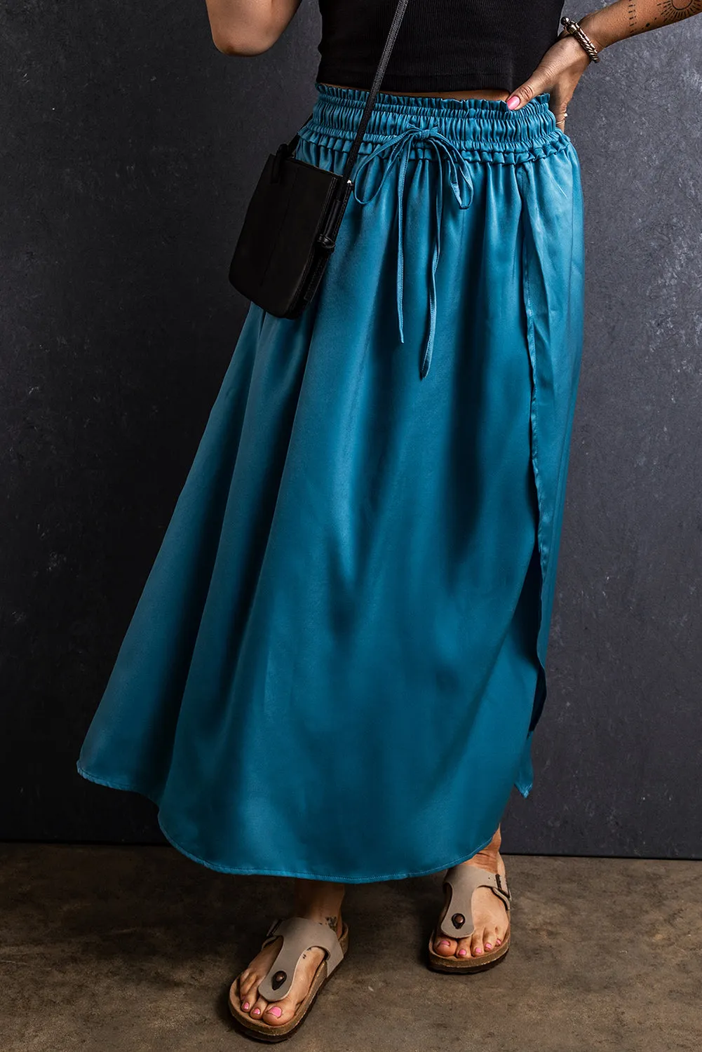 Peacock Blue Drawstring Split Side Flowy Long Skirt