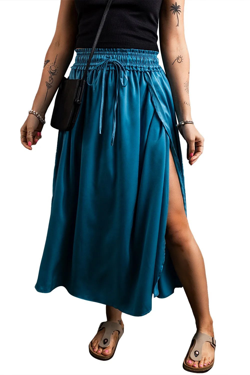 Peacock Blue Drawstring Split Side Flowy Long Skirt