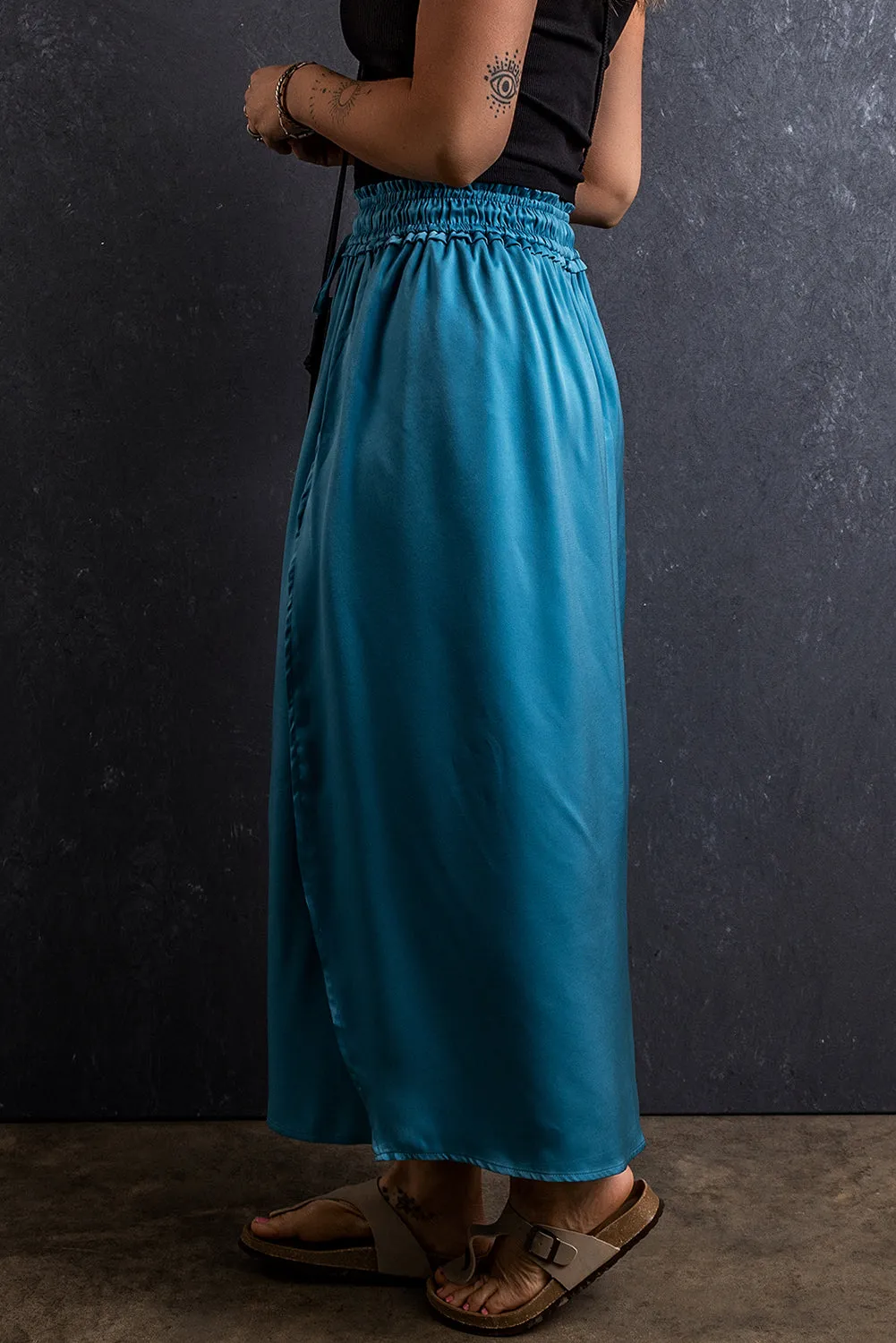 Peacock Blue Drawstring Split Side Flowy Long Skirt