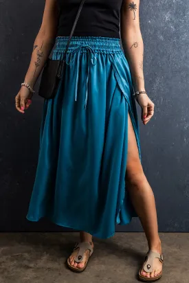 Peacock Blue Drawstring Split Side Flowy Long Skirt