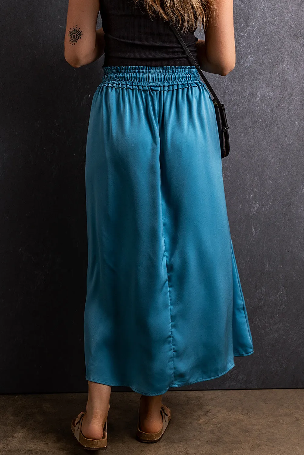 Peacock Blue Drawstring Split Side Flowy Long Skirt