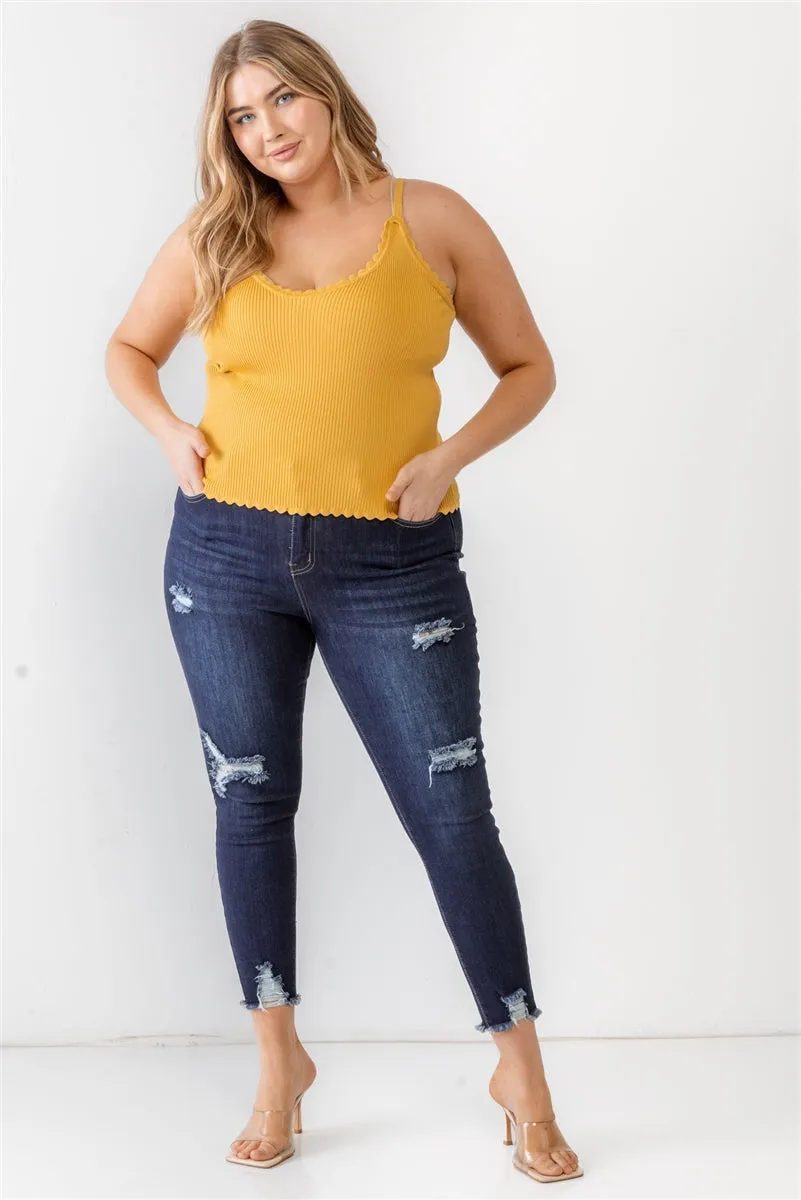 Plus Knitted Ribbed Ruffle V-Neck Sleeveless Top