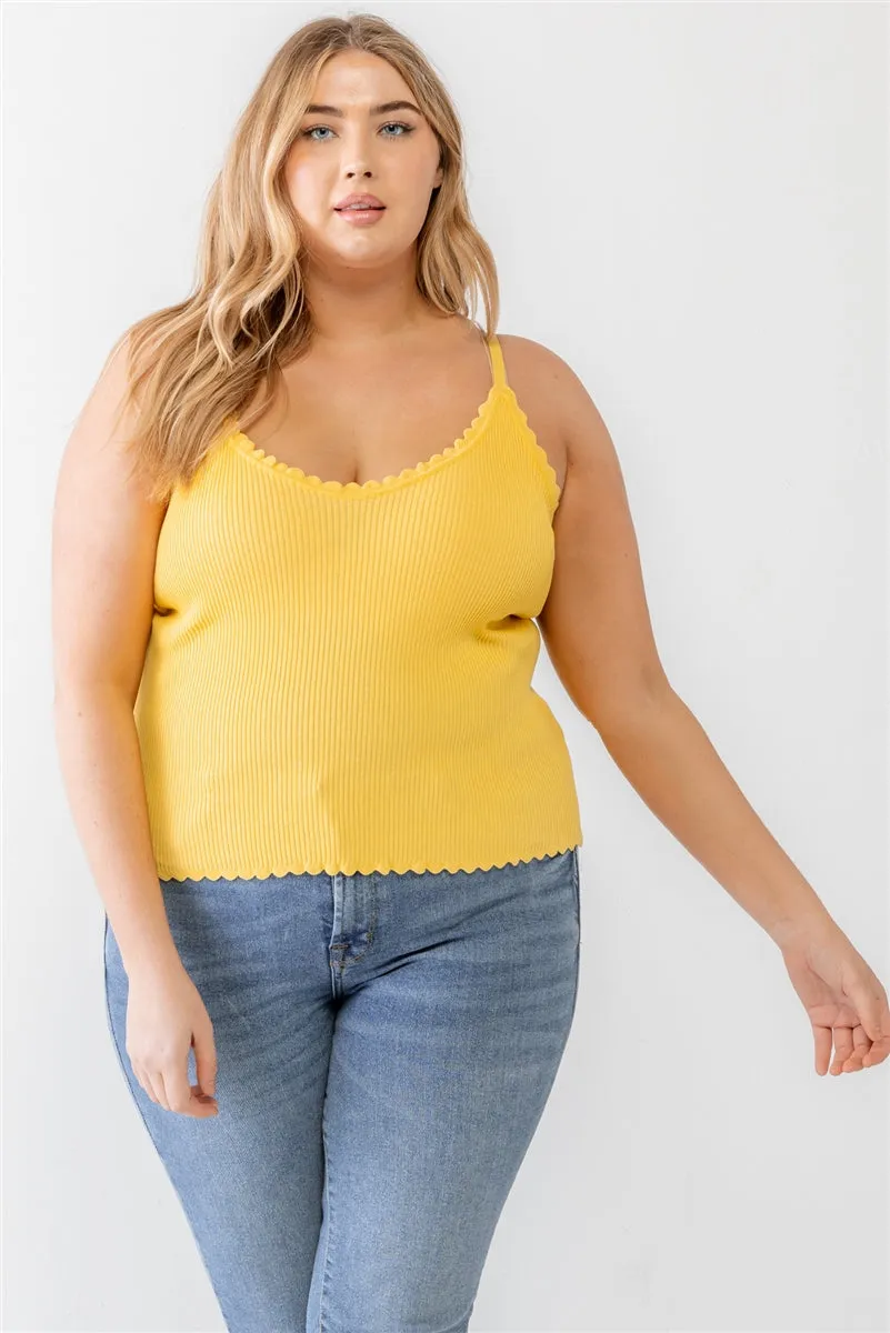 Plus Knitted Ribbed Ruffle V-Neck Sleeveless Top