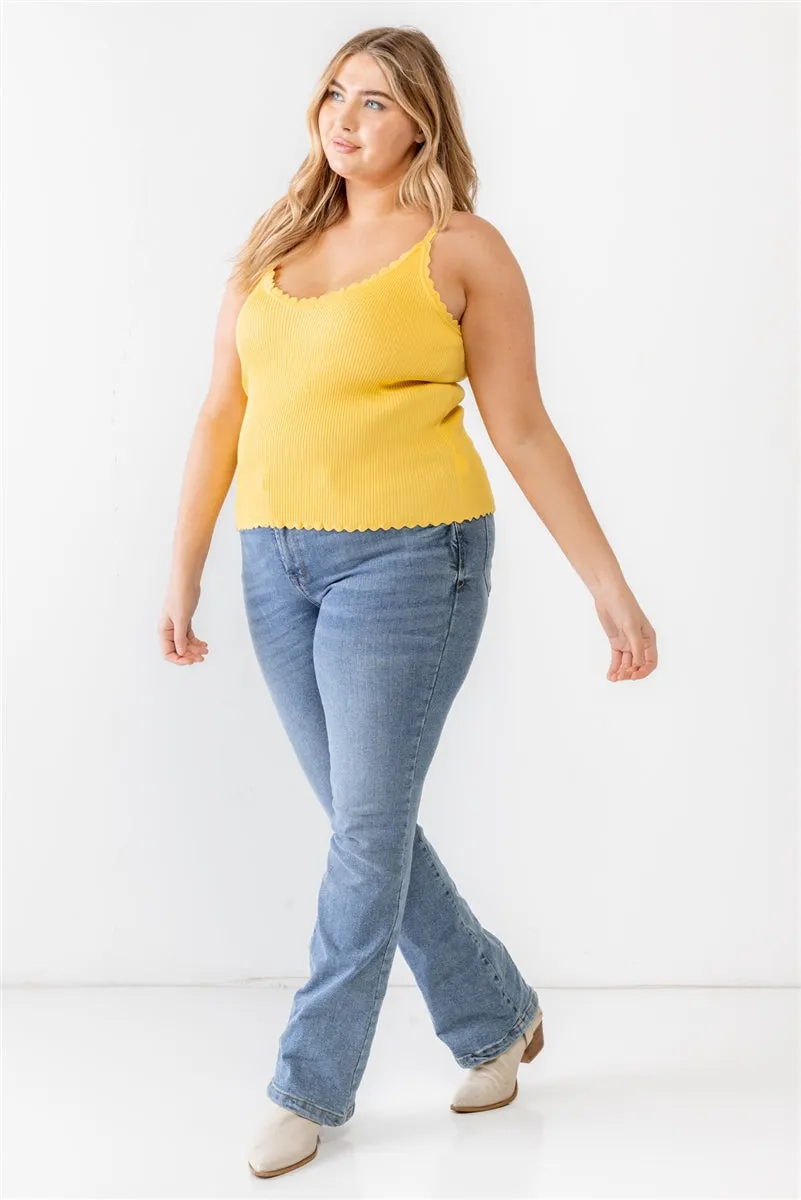 Plus Knitted Ribbed Ruffle V-Neck Sleeveless Top