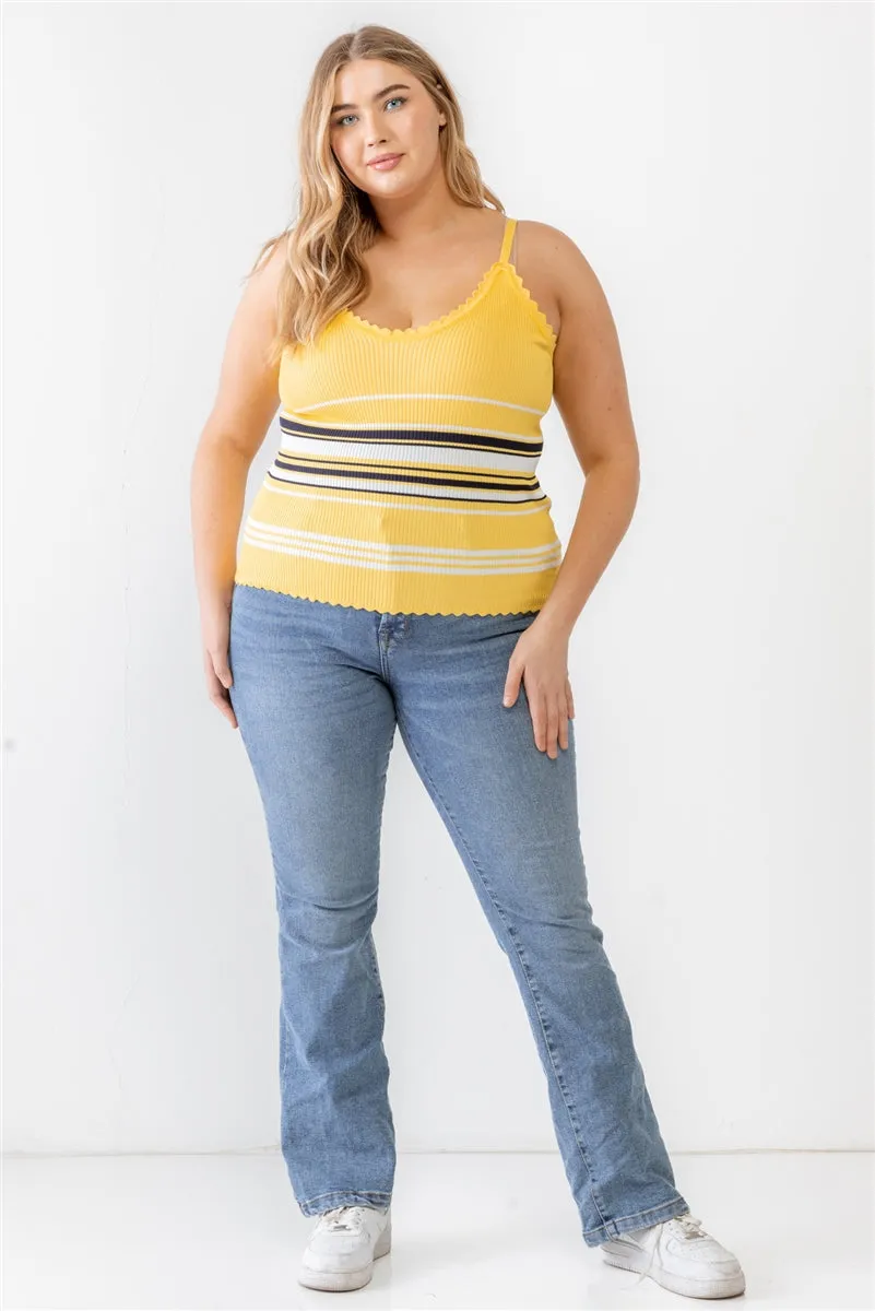 Plus Knitted Ribbed Ruffle V-Neck Sleeveless Top