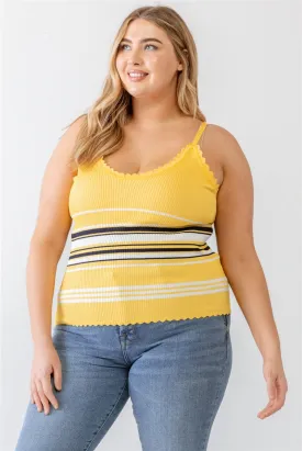 Plus Knitted Ribbed Ruffle V-Neck Sleeveless Top