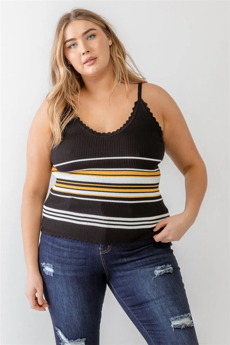 Plus Knitted Ribbed Ruffle V-Neck Sleeveless Top