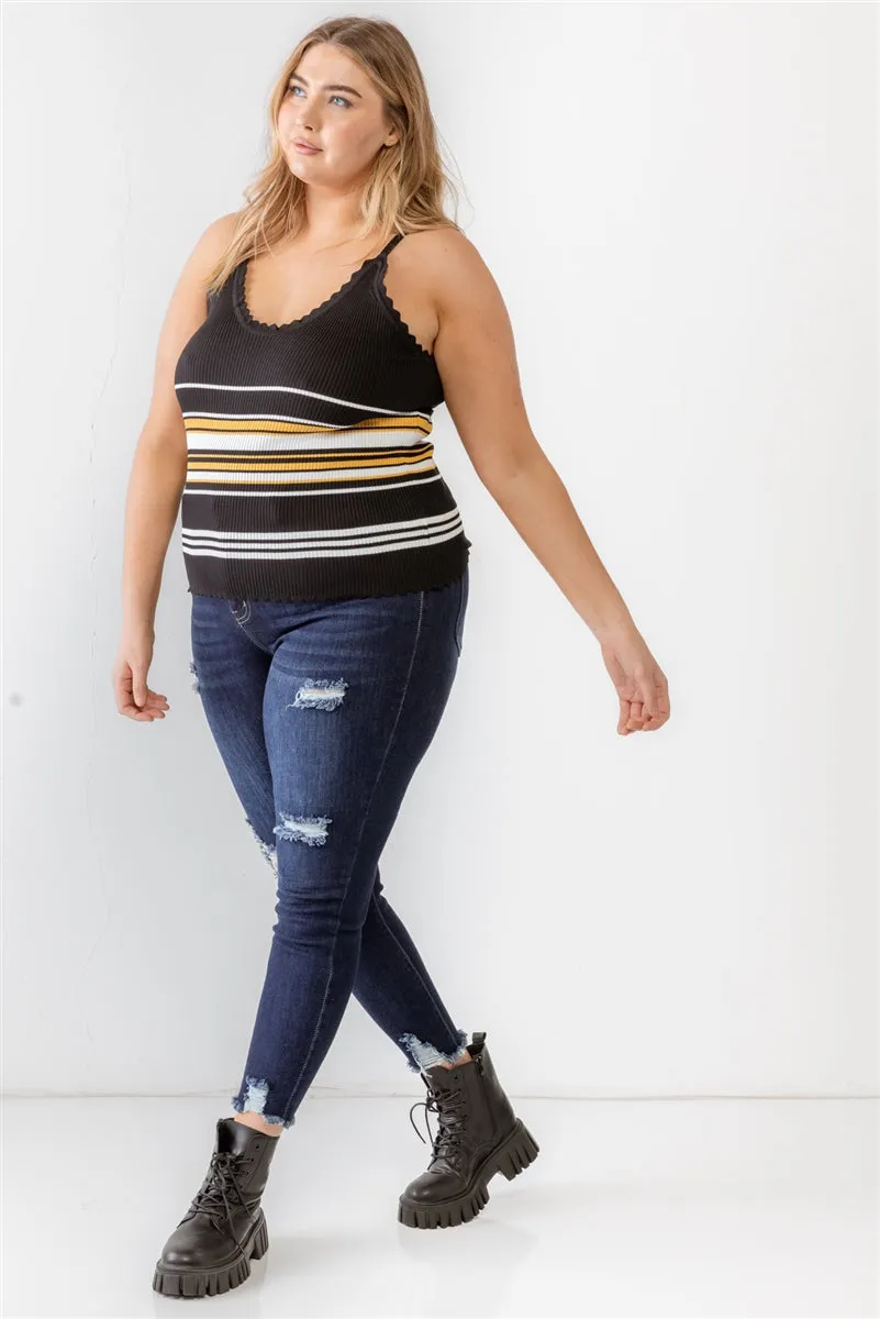 Plus Knitted Ribbed Ruffle V-Neck Sleeveless Top