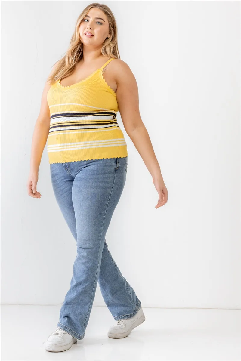 Plus Knitted Ribbed Ruffle V-Neck Sleeveless Top