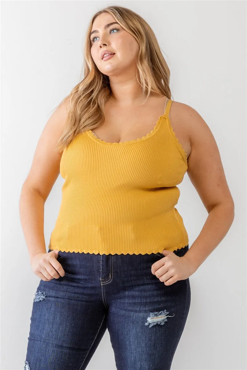 Plus Knitted Ribbed Ruffle V-Neck Sleeveless Top