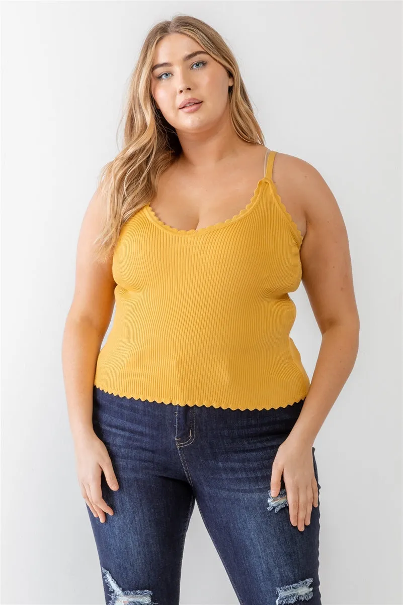 Plus Knitted Ribbed Ruffle V-Neck Sleeveless Top