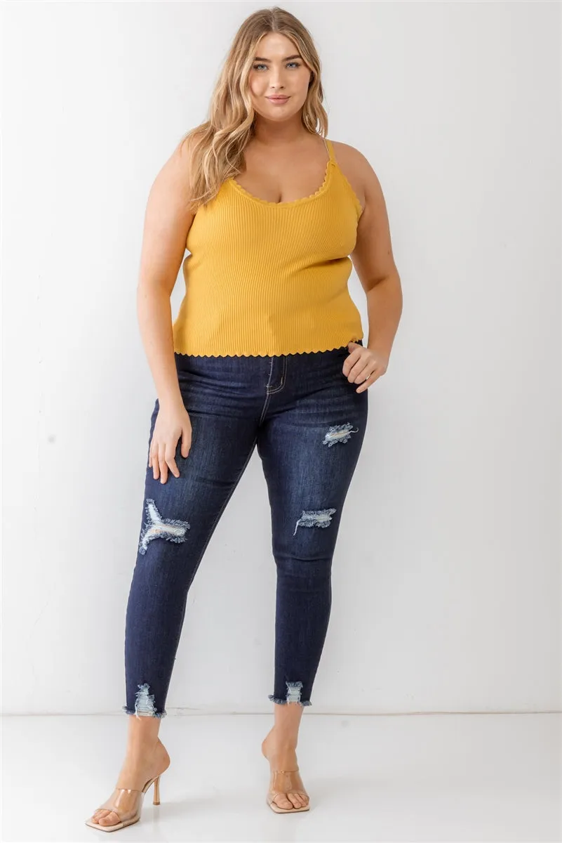 Plus Knitted Ribbed Ruffle V-Neck Sleeveless Top