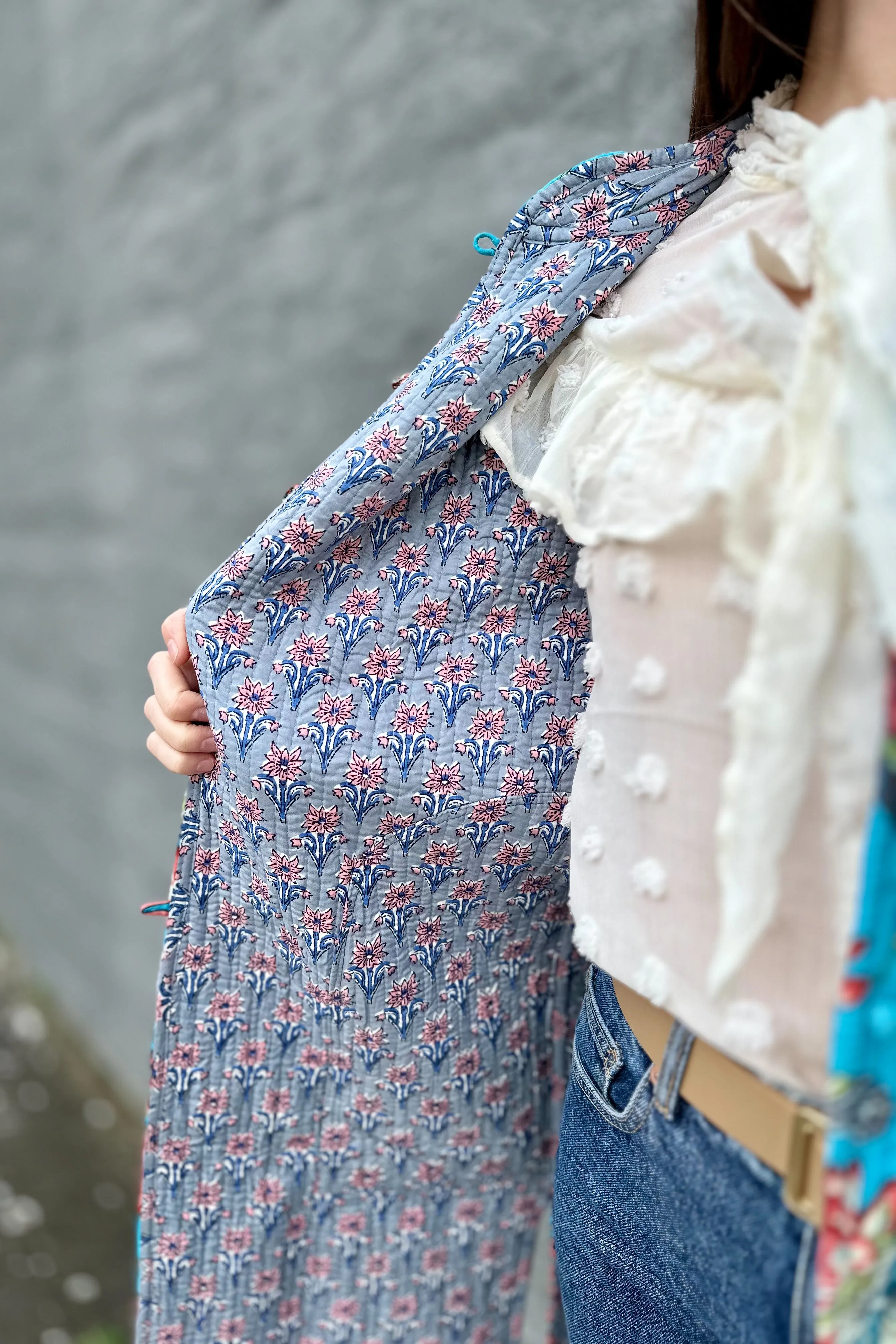 Quilted Cotton Coat In Sky Botanical