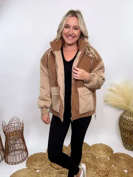 Reversible Sherpa Quilted Puffer Jacket in Taupe Camel