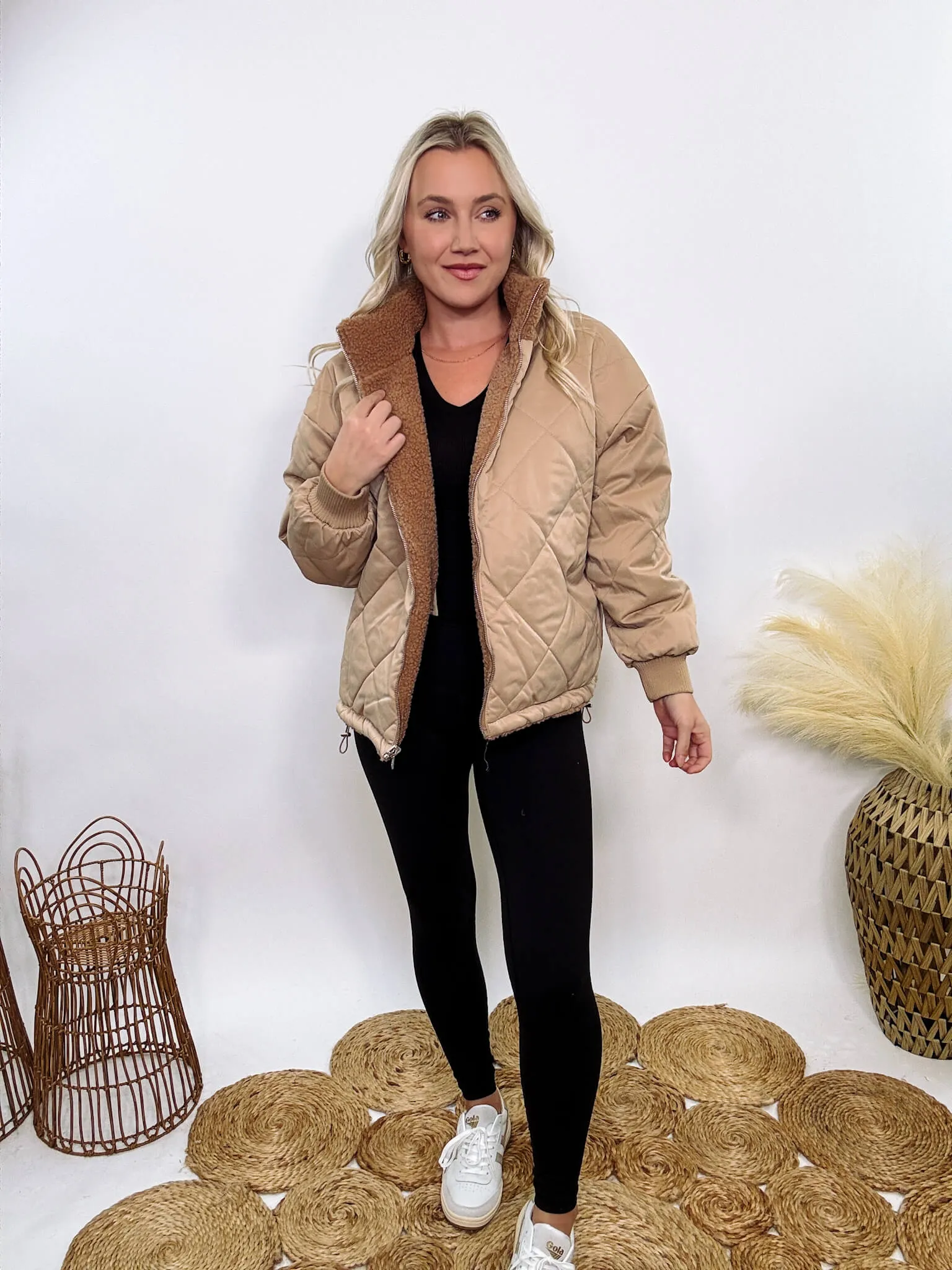 Reversible Sherpa Quilted Puffer Jacket in Taupe Camel