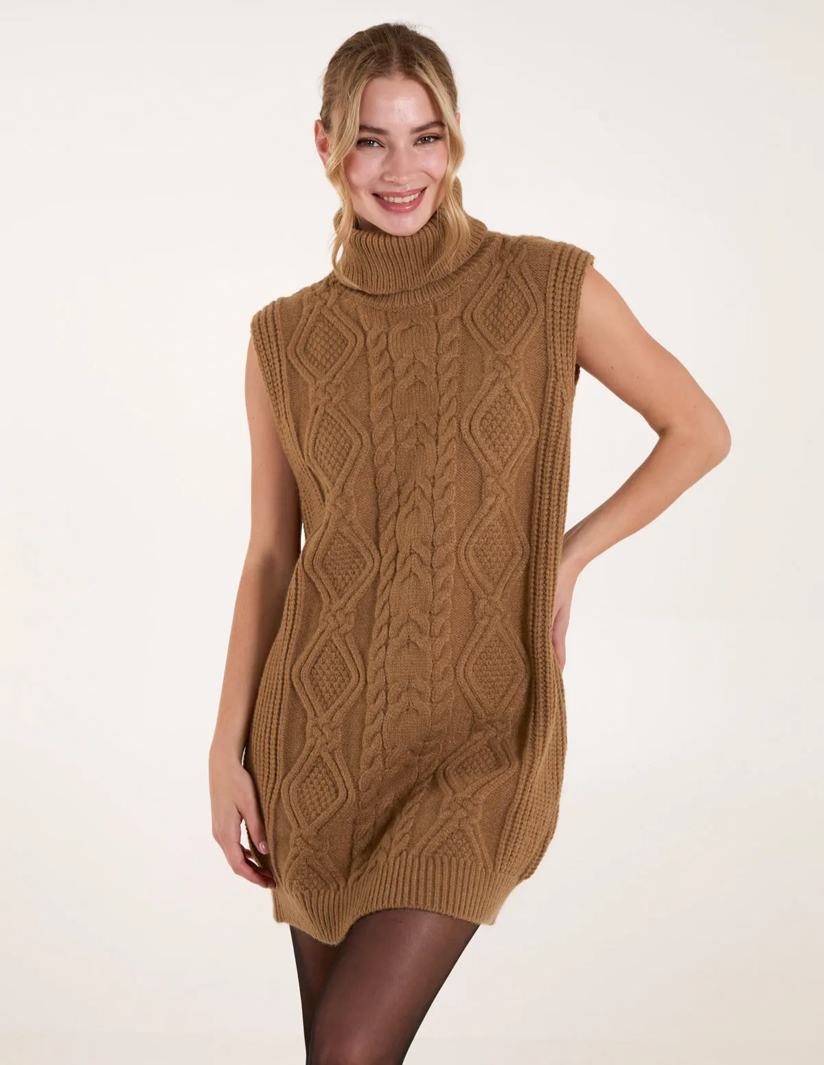 Roll Neck Cable Knitted Oversized Sleeveless Jumper