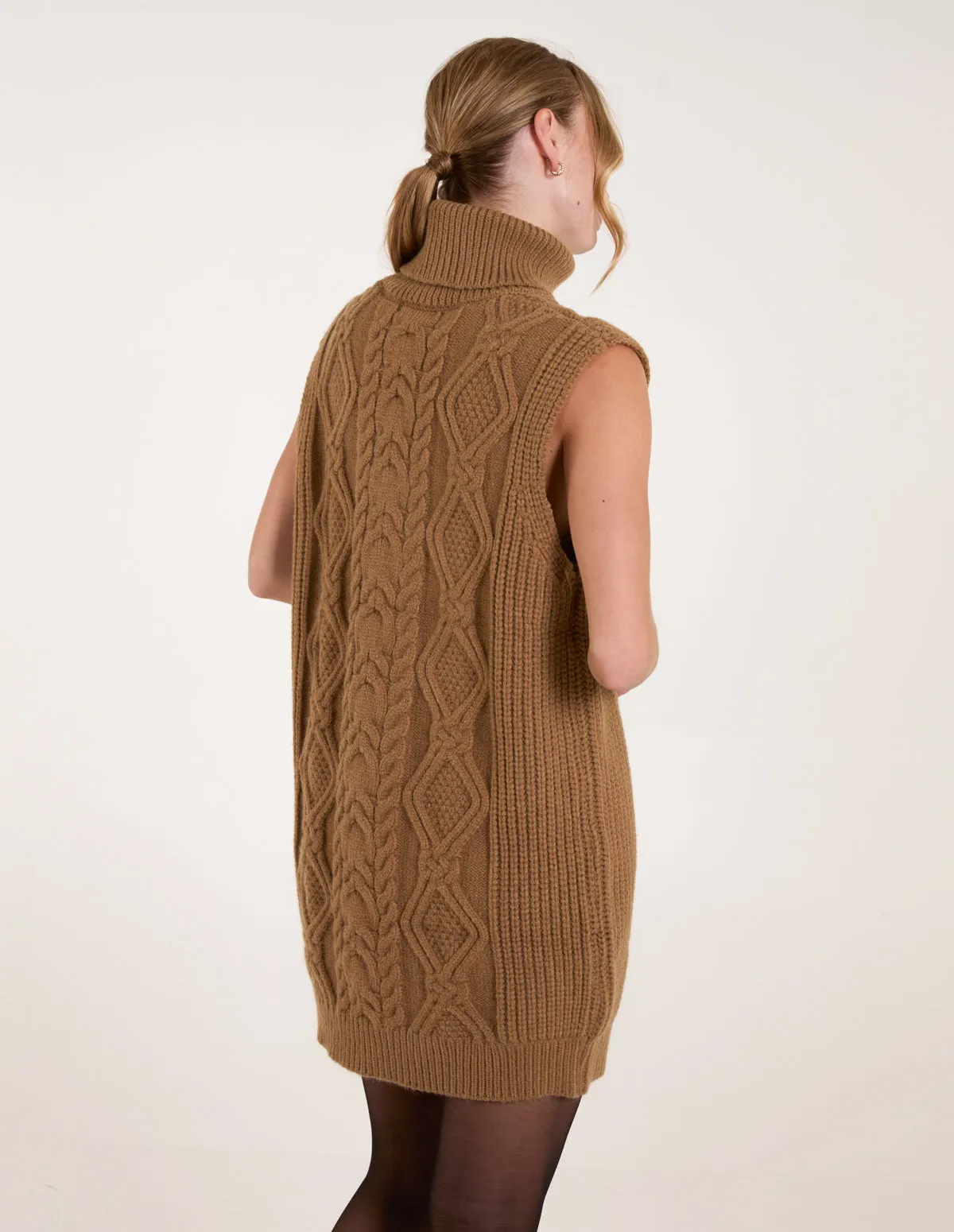 Roll Neck Cable Knitted Oversized Sleeveless Jumper