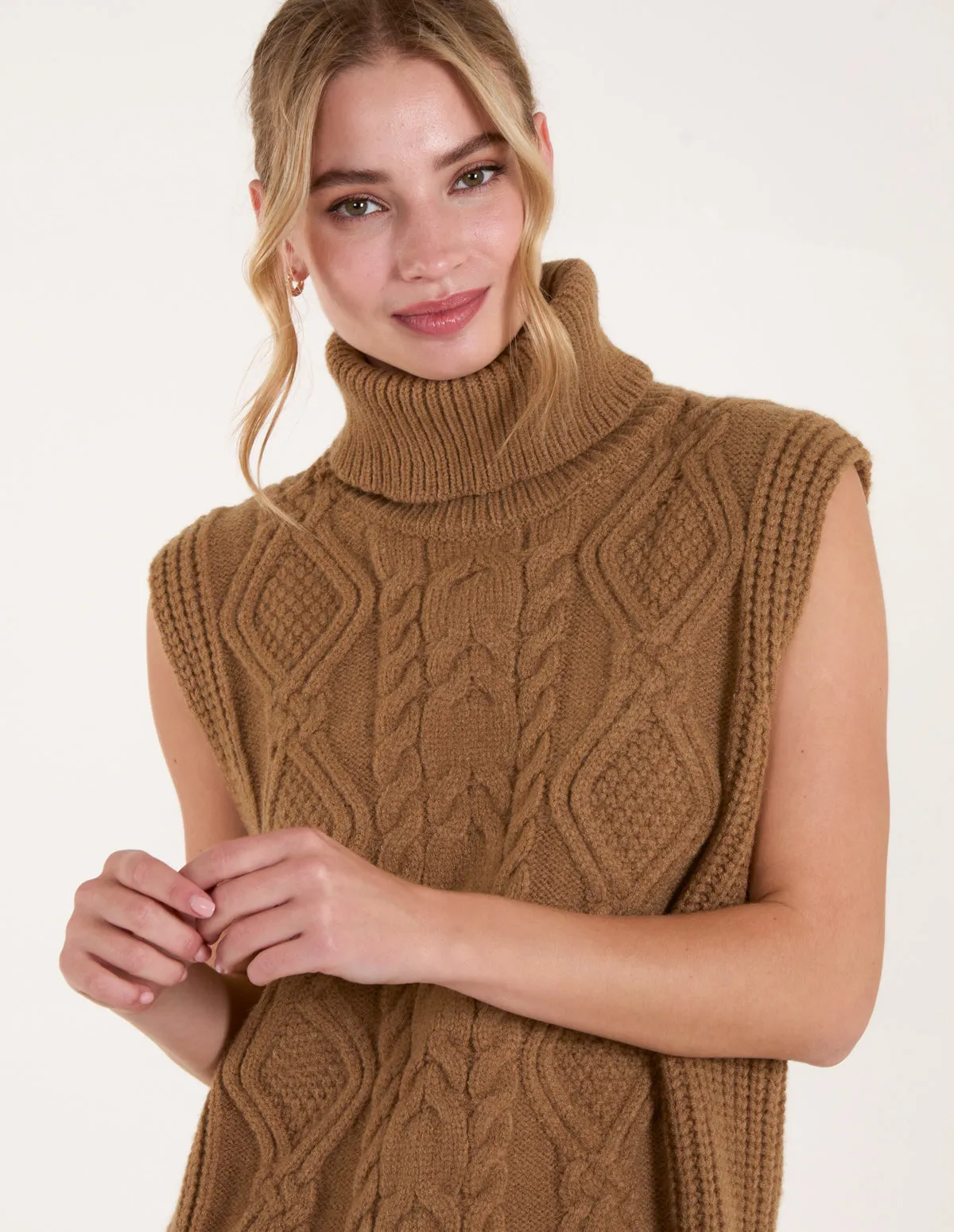 Roll Neck Cable Knitted Oversized Sleeveless Jumper