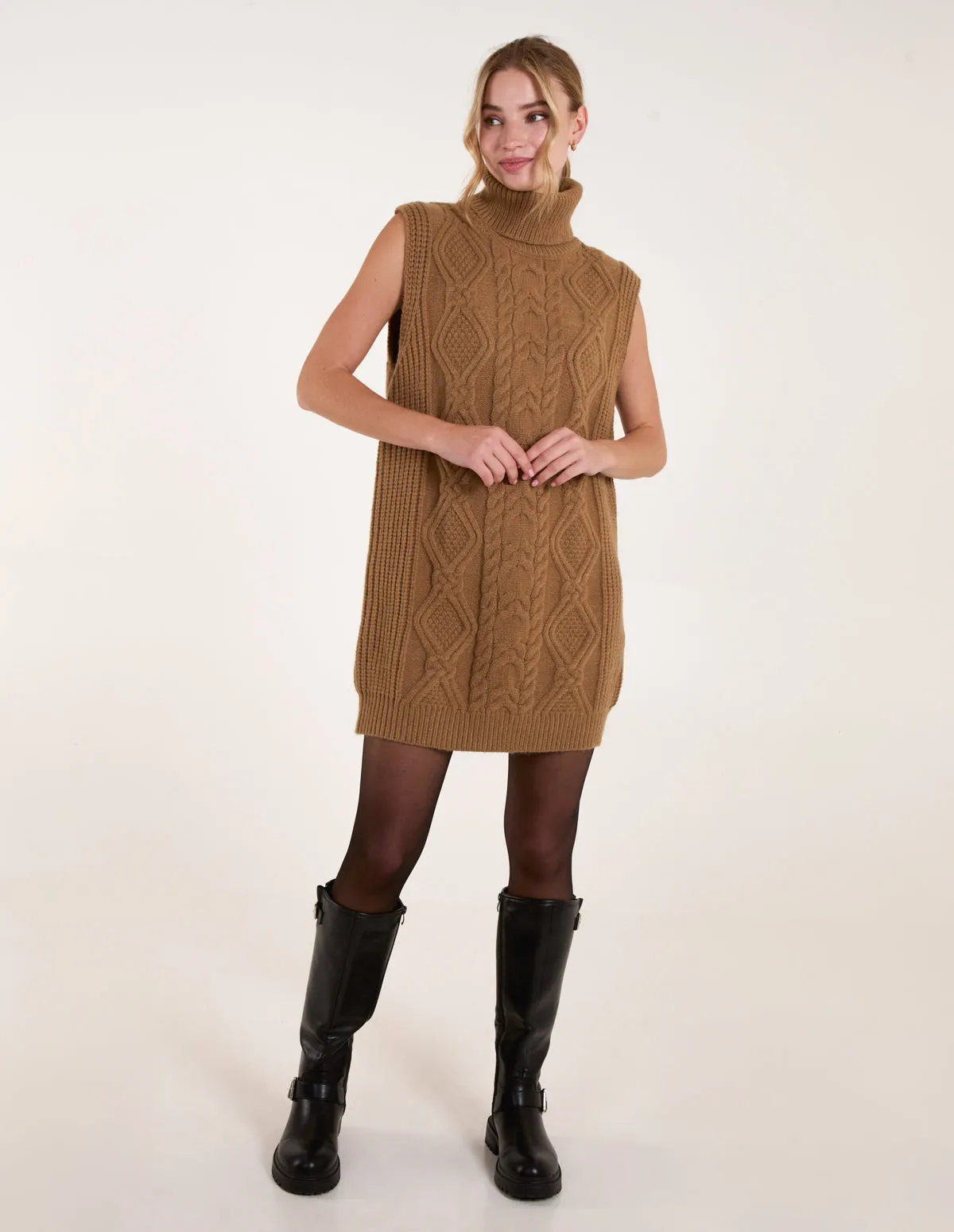 Roll Neck Cable Knitted Oversized Sleeveless Jumper
