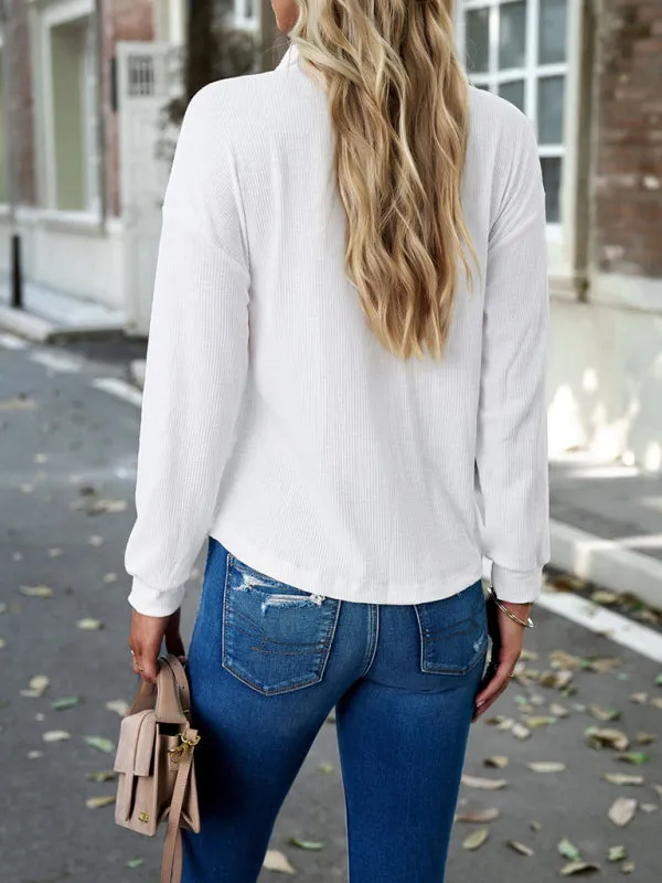 Textured Long Sleeve T-Shirt: Polo Neck, Drop Shoulder, Side Pocket