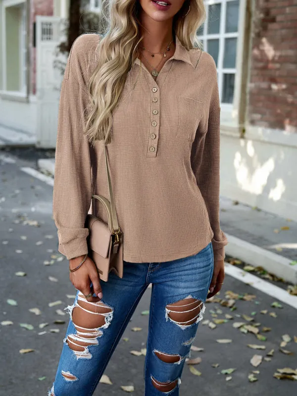 Textured Long Sleeve T-Shirt: Polo Neck, Drop Shoulder, Side Pocket