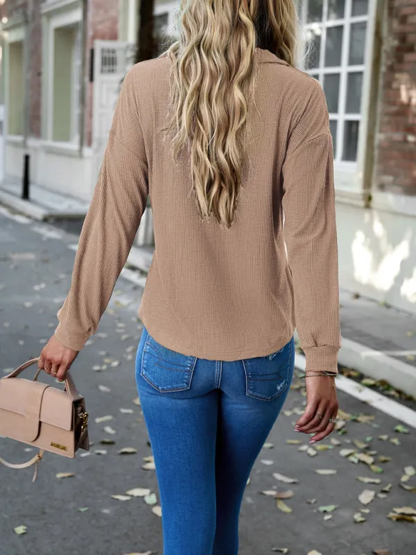 Textured Long Sleeve T-Shirt: Polo Neck, Drop Shoulder, Side Pocket