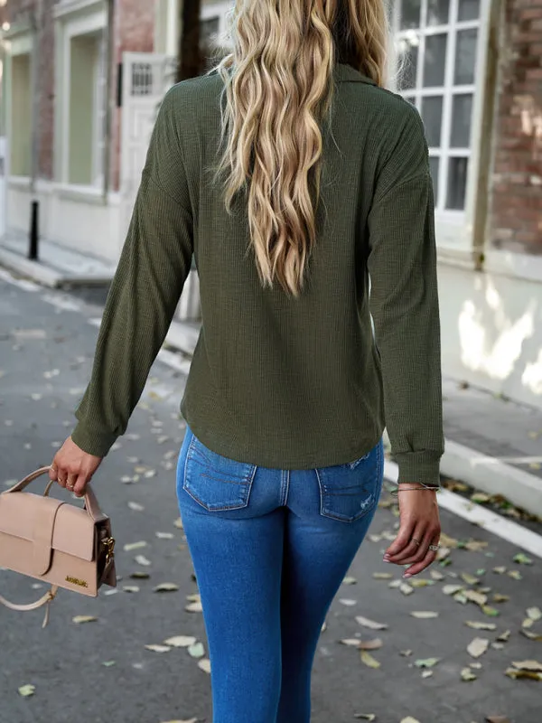 Textured Long Sleeve T-Shirt: Polo Neck, Drop Shoulder, Side Pocket