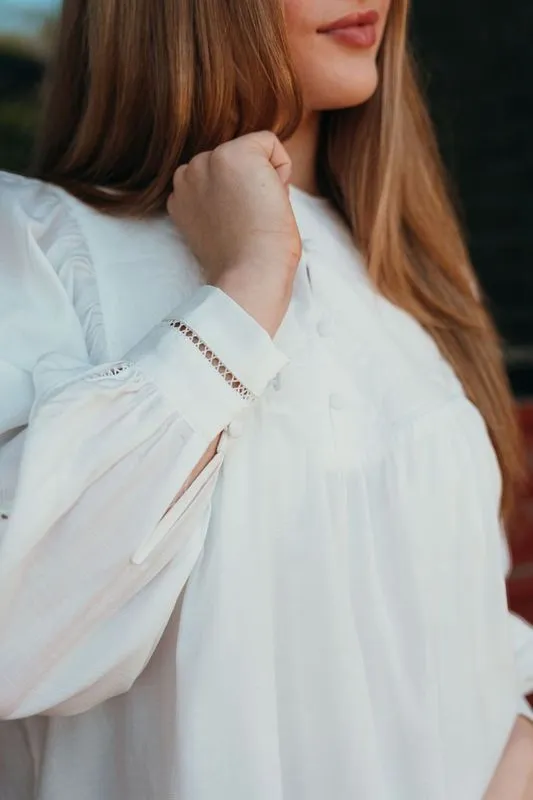 White Lace Trim Long Sleeve Blouse CT8802