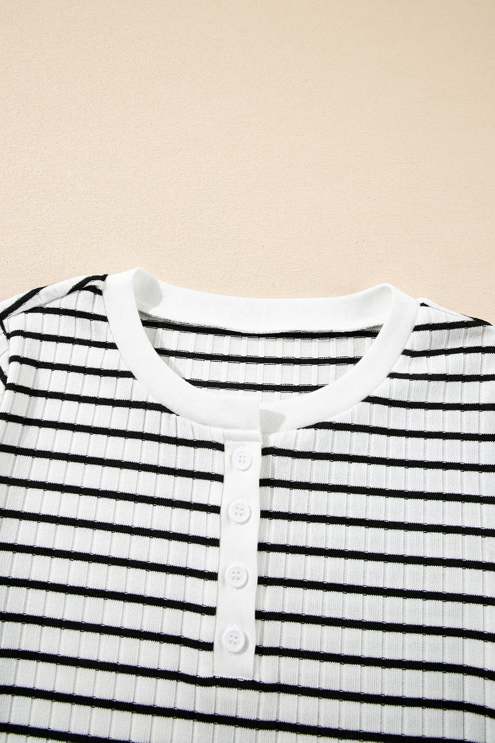 White Stripe Textured Short Sleeve Buttoned Henley Top