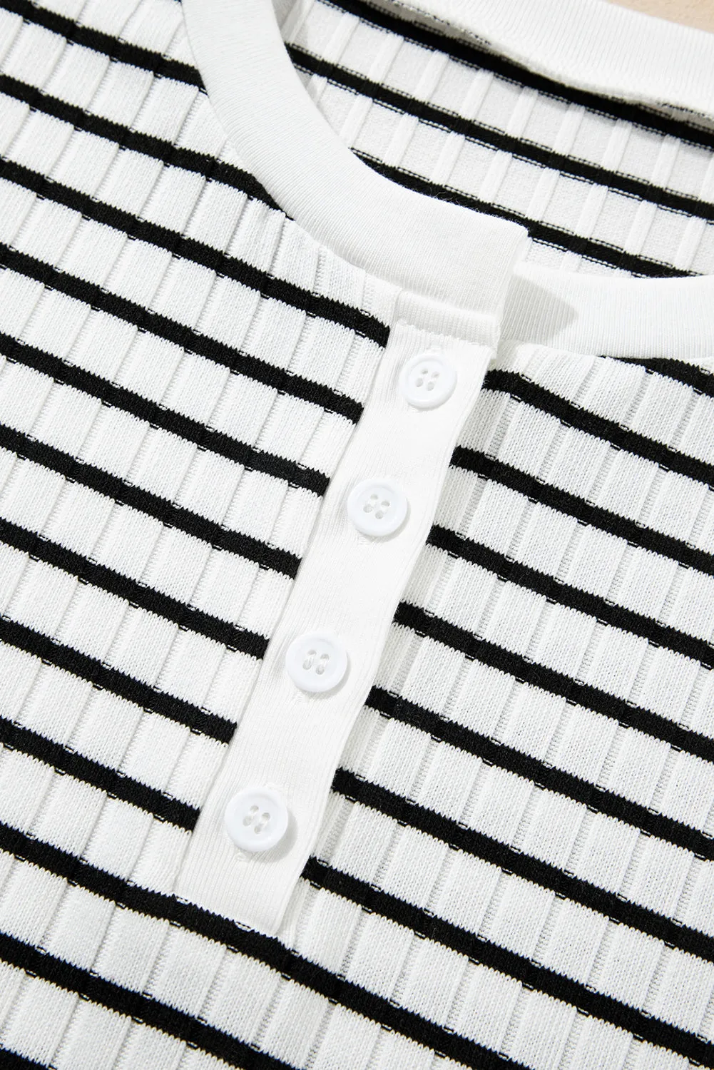 White Stripe Textured Short Sleeve Buttoned Henley Top