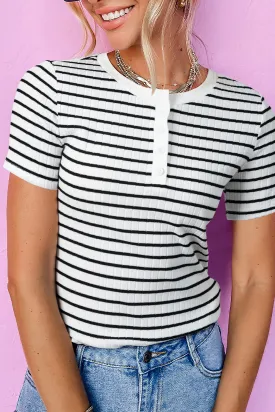 White Stripe Textured Short Sleeve Buttoned Henley Top