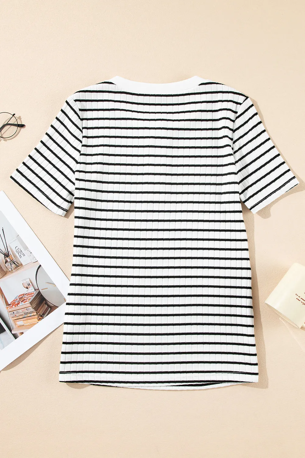 White Stripe Textured Short Sleeve Buttoned Henley Top