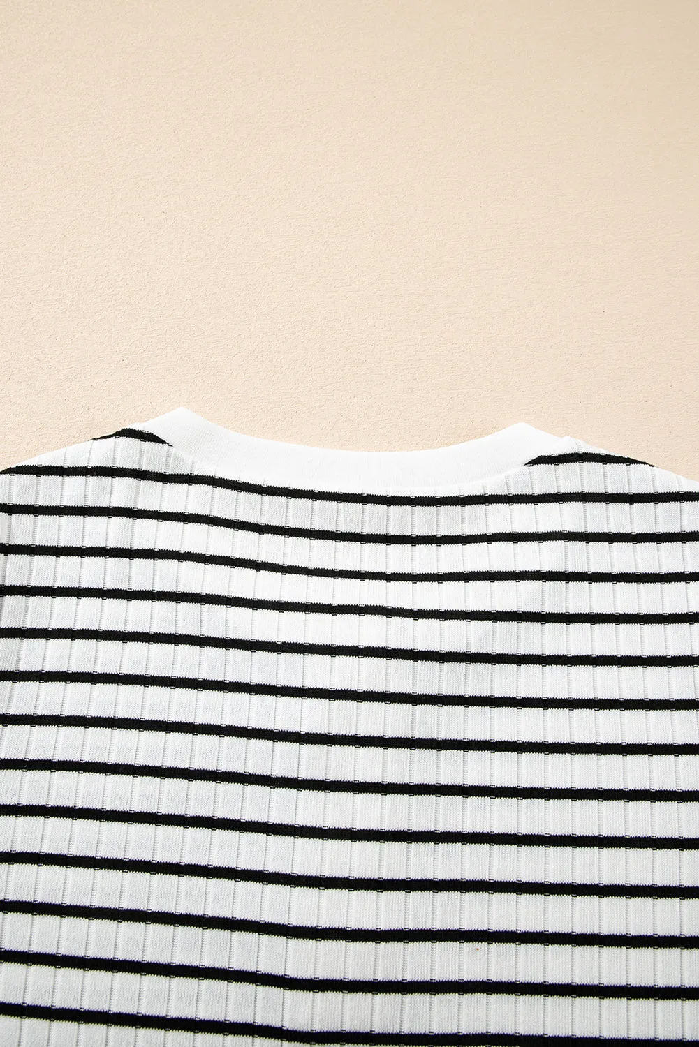 White Stripe Textured Short Sleeve Buttoned Henley Top