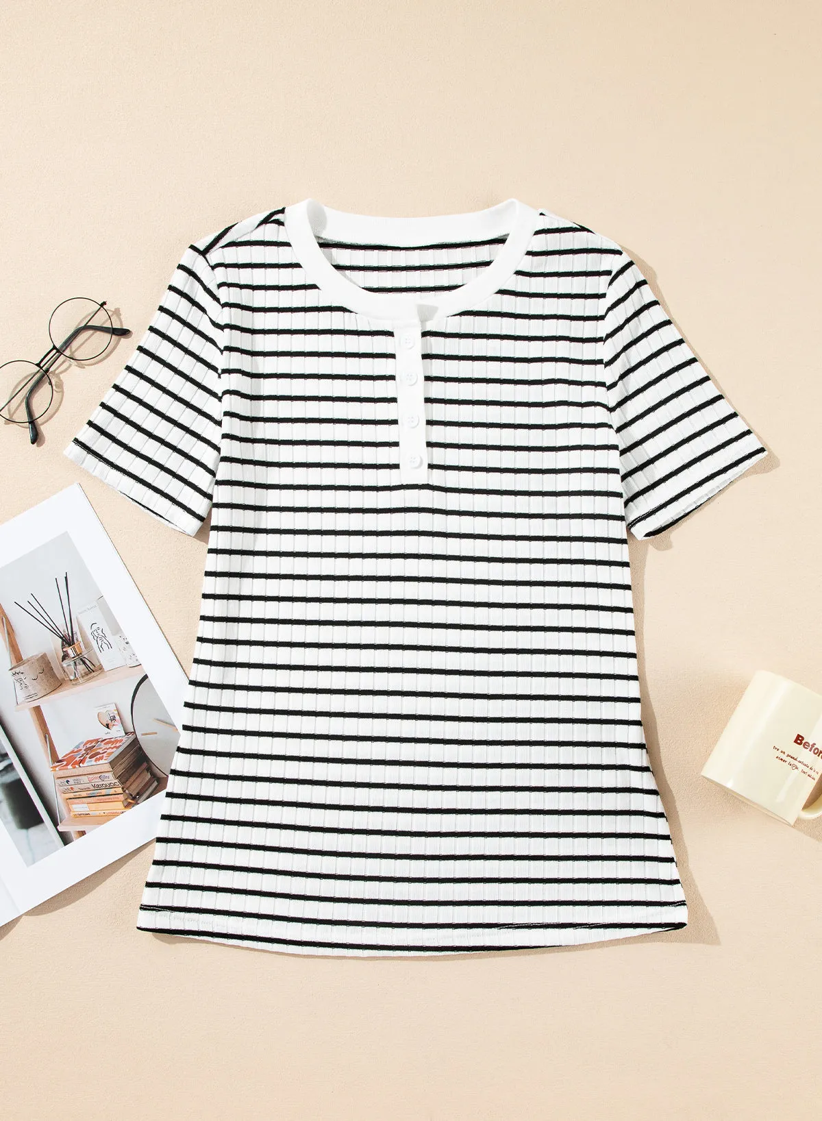 White Stripe Textured Short Sleeve Buttoned Henley Top
